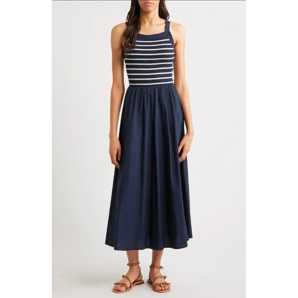 Moon River Navy White Striped Mixed Media Tank Midi Dress Small